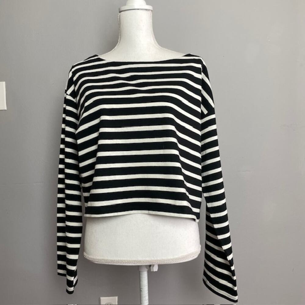 J.Crew Breton Stripe Cropped Top Black White Long Sleeve Cotton NWT L Parisian